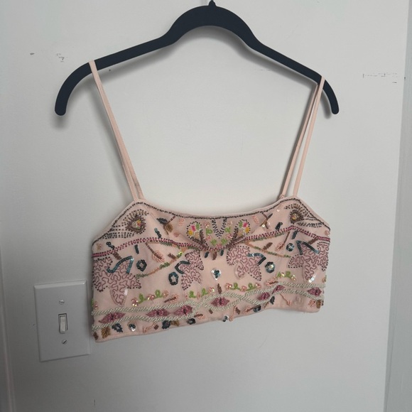 Zara Embroidered sparkly beaded Beige Crop Top mesh fairycore summer L - Picture 2 of 5